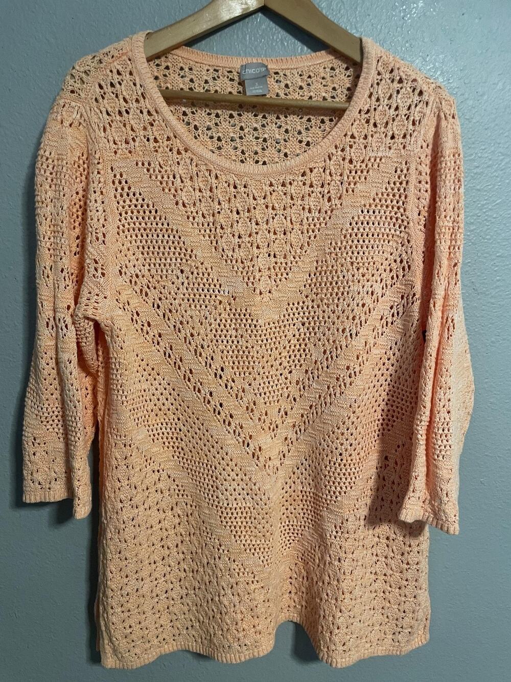 Chico's Sweater Womens 3 US XL Pink Open Knit 3/4 Sleeve Lightweight Sheer Boho